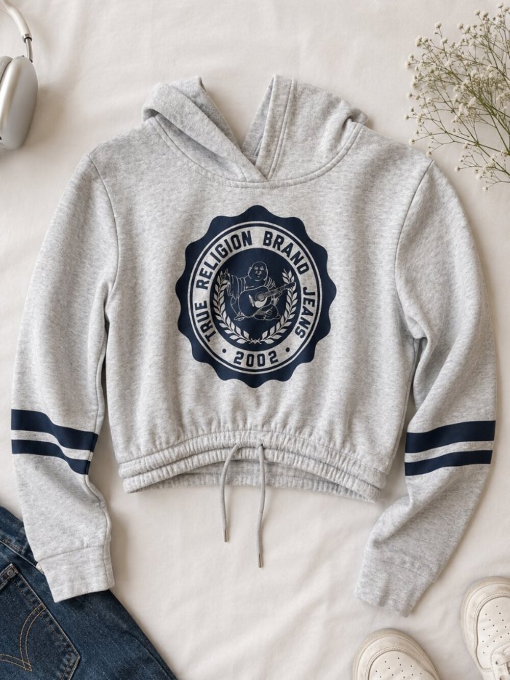 True Religion Cropped Hoodie Gray Navy Logo Graphic Y2K Streetwear Sweatshirt, S